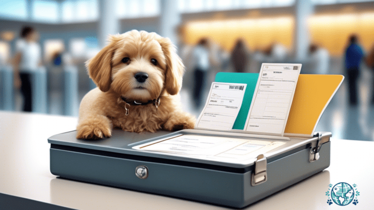 Pet carrier on an airport check-in counter displaying essential pet travel documentation including health records, vaccination certificates, and airline-approved travel forms.