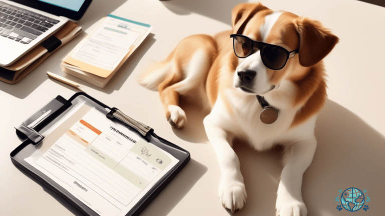 Neatly organized collection of pet travel documents including vaccination records, passports, identification tags, and travel itineraries, illuminated by bright natural light - useful tips for organizing pet travel documentation.
