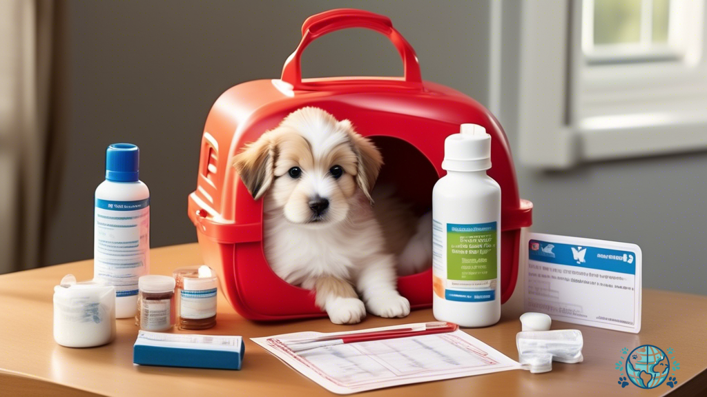 Pet carrier with emergency supplies including a first aid kit, medications, and a thermometer, along with a laminated card listing essential pet information, illuminated by bright natural sunlight.
