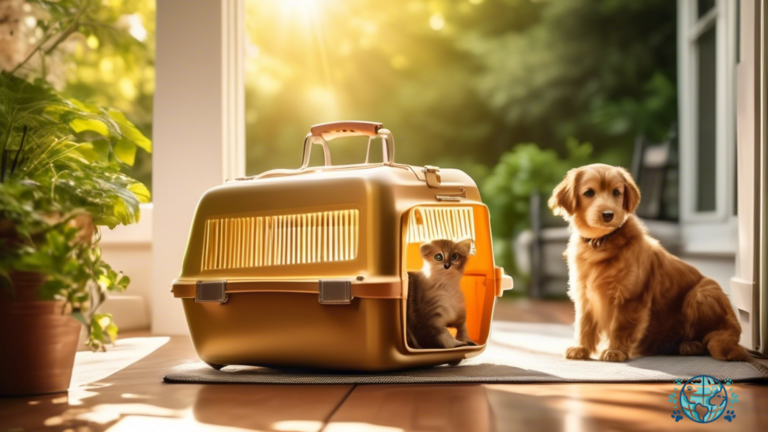Sturdy pet carrier on sunlit porch amidst lush greenery, highlighting safe and hazard-free pet travel