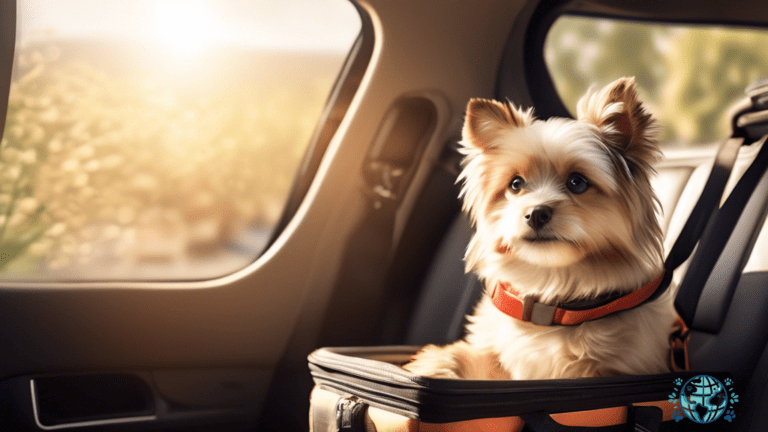 SEO friendly alt text for the featured image: A well-behaved furry friend, sitting comfortably in a carrier by a sunny car window, showcasing pet travel etiquette mastery.