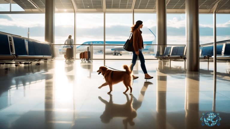 A pet owner confidently navigating a busy airport terminal with a well-behaved dog on a leash, showcasing pet travel etiquette tips in action under bright natural light