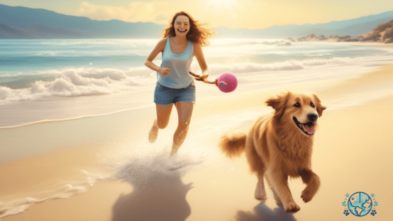 Alt text: Happy pet owner and furry companion playing fetch on a sunny beach, enjoying exercise during their travel adventure.
