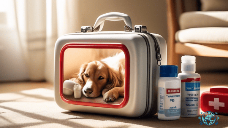 Pet travel first aid kit essentials: neatly arranged bandages, antiseptic, tweezers, and thermometer in a well-lit room with sunlight streaming through the window.