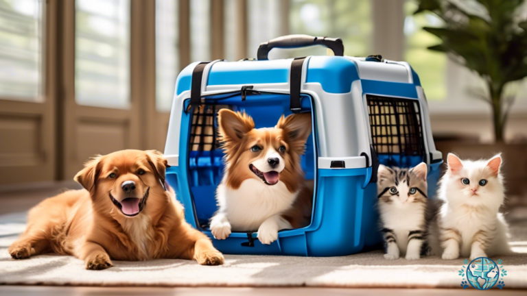 Vibrant photo showcasing pet travel gear under a sunlit sky, including a collapsible travel crate, comfortable harnesses, and sturdy carriers, all illuminated by bright natural light.