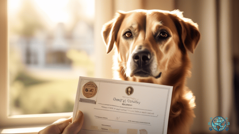 Close-up photo of a happy dog owner holding a Pet Travel Health Certificate, showcasing intricate details and security features, illuminated by radiant sunlight streaming through a window.