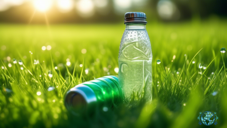 Close-up of a sunlit, transparent water bottle with condensation droplets, placed next to a leash and travel carrier on vibrant green grass - Essential pet travel hydration tips and tricks