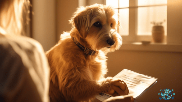 Close-up photo of a pet owner holding their pet's passport and vaccination records, basking in the warm golden sunlight streaming through a window.