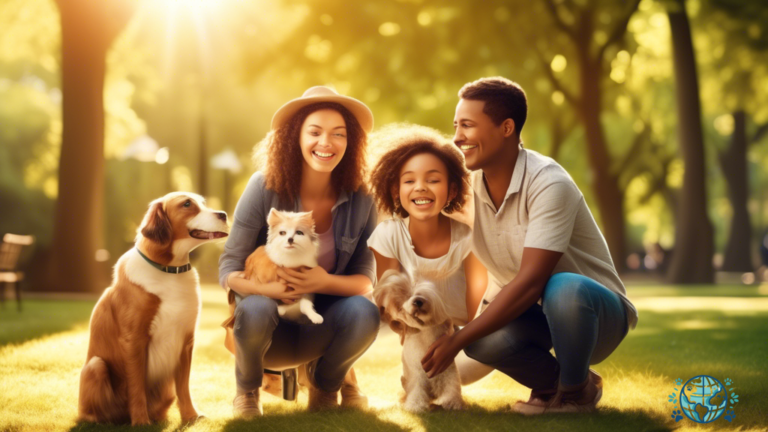 SEO Friendly Alt Text: Happy family with their beloved pet enjoying a sunlit park, highlighting the importance of pet travel insurance for their next adventure.