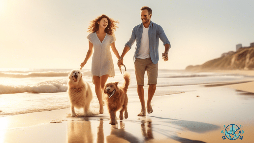A happy family playing fetch with their beloved pet on a sunny beach, emphasizing the significance of pet travel insurance for your upcoming adventures.