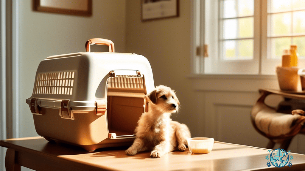 Vibrant photo of a sunlit room with a pet carrier on a table, displaying essential medications for safe pet travel.