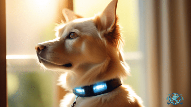 Close-up photo of a happy pet with glowing fur, basking in vibrant sunlight through a window, showcasing the microchip on their collar.