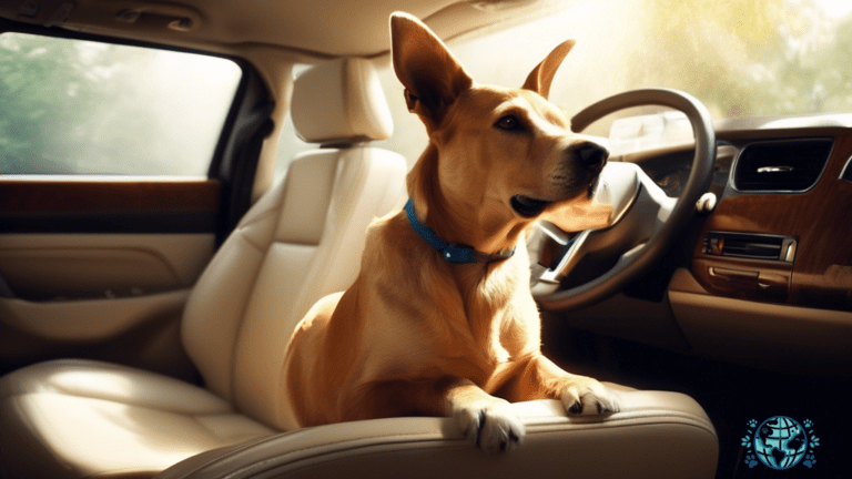 Preventing and Treating Pet Travel Motion Sickness: Serene car interior flooded with warm sunlight, showcasing a contented, motion sickness-free pet comfortably seated and enjoying the journey.