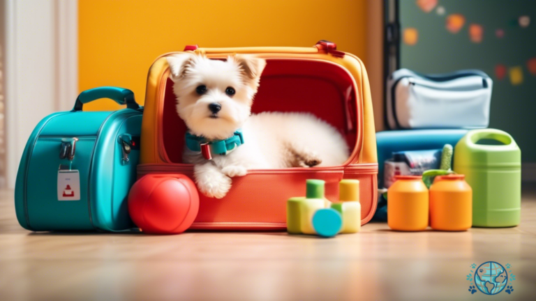 Overhead shot of a colorful pet carrier filled with essential items for pet travel, including food, water bowl, toys, leash, and first aid kit, bathed in bright natural light.