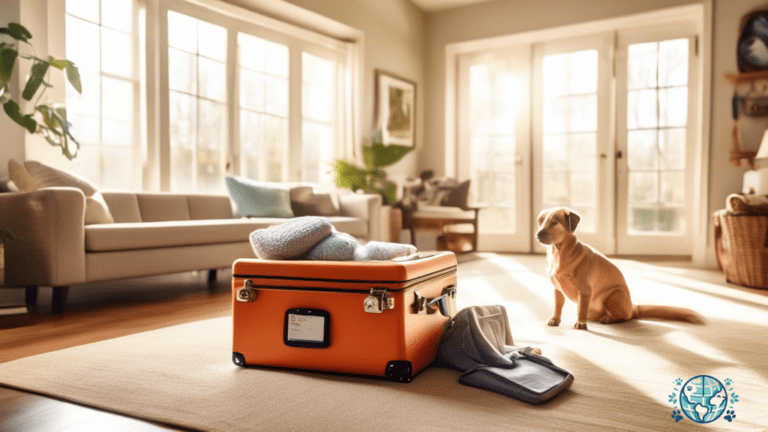 An inviting and well-lit room with sunlight streaming through large windows, showcasing a neatly organized pet travel packing list. The vibrant photo highlights essential pet items, creating a perfect atmosphere for your next adventure with your furry friend. Find everything you need in this comprehensive pet travel packing list.
