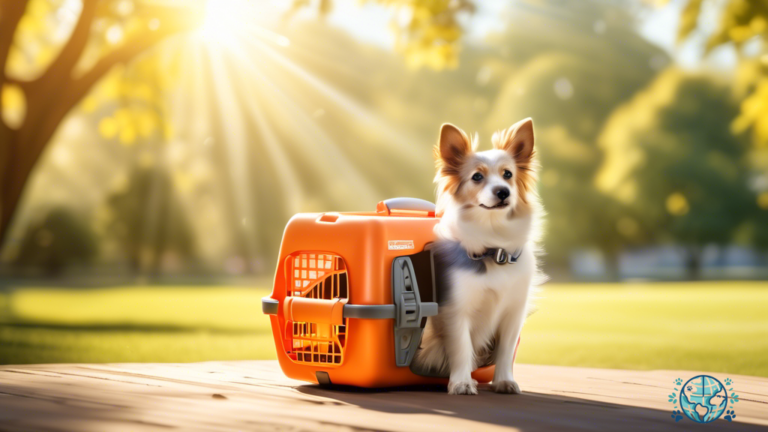 Prevent parasites during pet travel with a well-lit pet carrier in a sun-drenched park. Surrounding the carrier are essential parasite prevention products such as collars, sprays, and medication, emphasizing their importance in keeping your pet safe during travel.