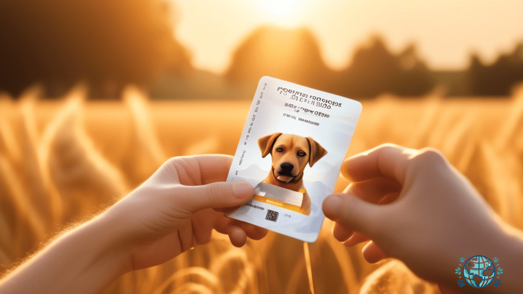 An essential pet travel passport held by a loving owner against a backdrop of sunlit fields, emphasizing its significance for stress-free pet travel.