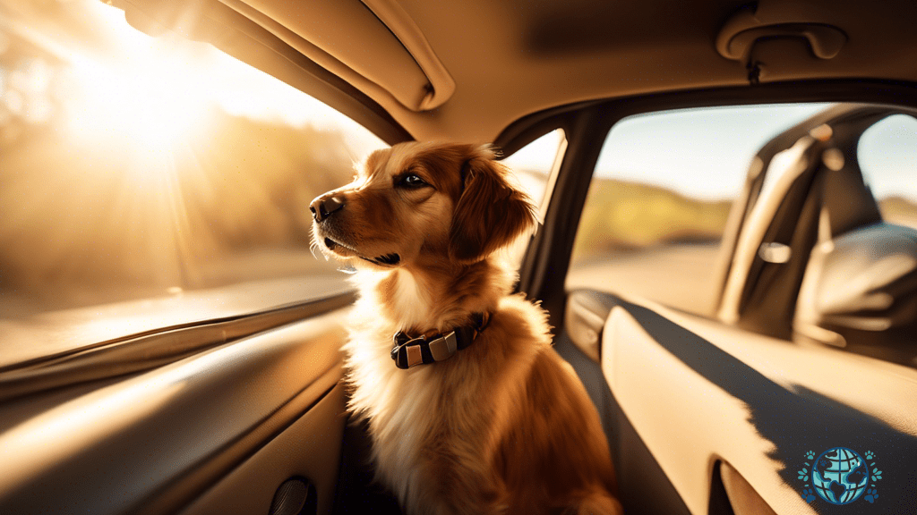 Adorable furry friend enjoying a road trip, soaking up the sun's warm glow through a car window - pet travel photography at its finest