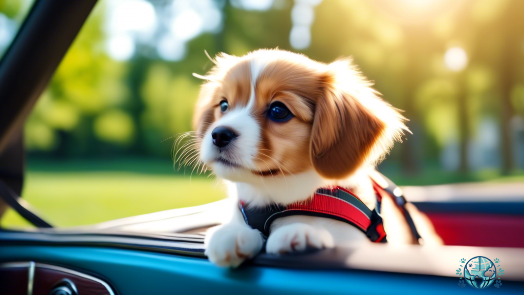 Adorable pet in travel harness sitting in sunlit car, looking out window with excitement against backdrop of blurry trees and clear blue sky