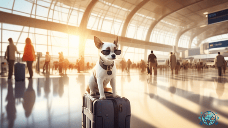 Safe and Secure Pet Travel: A Vibrant Airport Terminal with a Content Family Pet in a Well-Ventilated Carrier