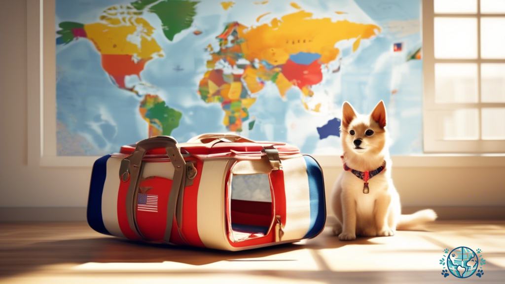 Sunlit room with cozy pet carrier on the floor, revealing a world map adorned with colorful flags representing diverse pet travel regulations by country.