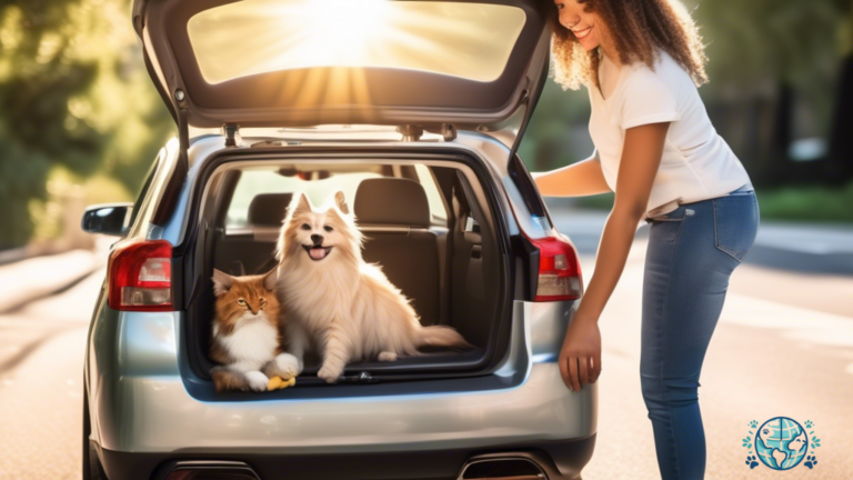 Pet owner securely fastening a pet carrier in a sunlit car while a contented furry friend looks on - Top pet travel safety tips for a secure journey