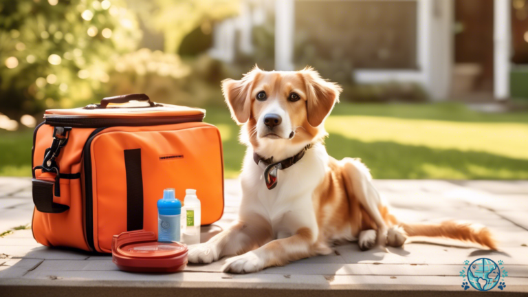 Ensure your pet's safety with these essential travel tips - featuring a vibrant sunlit backyard with a pet-friendly travel essentials kit, including a sturdy leash, portable water bowl, and a first aid kit.