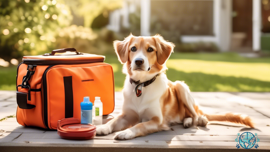Ensure your pet's safety with these essential travel tips - featuring a vibrant sunlit backyard with a pet-friendly travel essentials kit, including a sturdy leash, portable water bowl, and a first aid kit.
