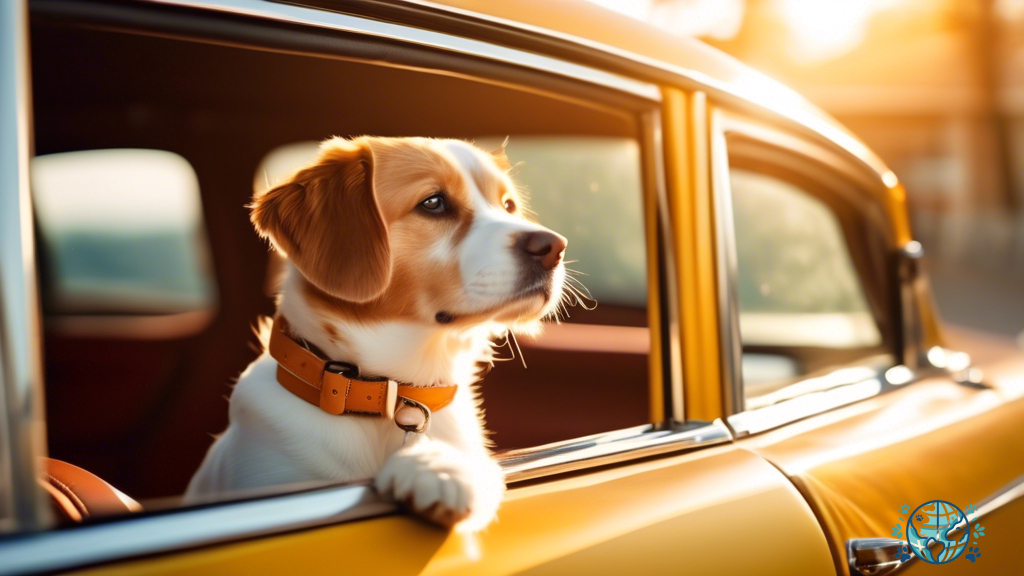: A happy dog sitting in a sunlit car, looking out the window at passing scenery during a pet-friendly travel adventure.