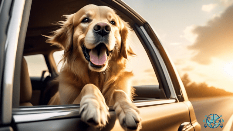Golden retriever excitedly leaps into a sunlit car, ready for a heartwarming pet travel adventure.