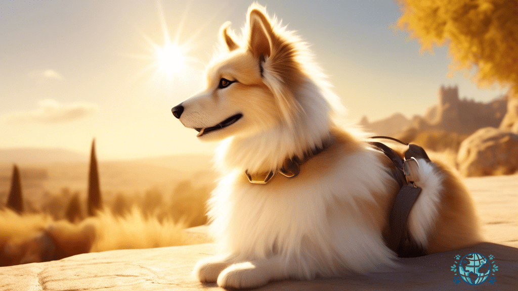 Alt Text: A furry travel companion enjoying the golden sun rays in a foreign landscape, showcasing the joys and wonders of pet travel.