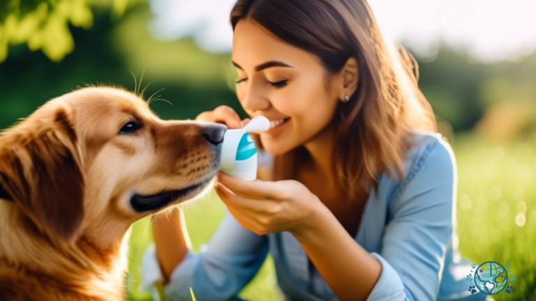 Alt text: Person applying pet-safe sunscreen to their furry friend's nose in a sunny outdoor setting with lush green grass and a clear blue sky.