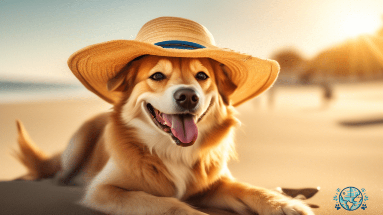 Adorable pet wearing a wide-brimmed hat on a sunny beach, while their owner applies pet-friendly sunscreen - essential tips for pet travel sun protection.