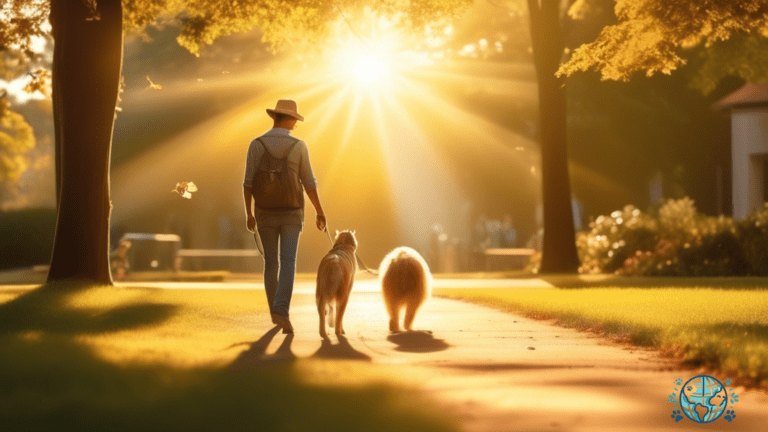 Alt Text: Happy owner and pet enjoying a sunny stroll in a park, showcasing their strong bond amidst the beautiful outdoors.