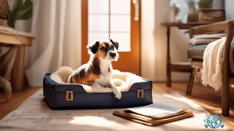 Enchanting sunlit room with cozy pet bed, travel crate, passport, vaccination records, and map of pet-friendly destinations neatly arranged on a table.