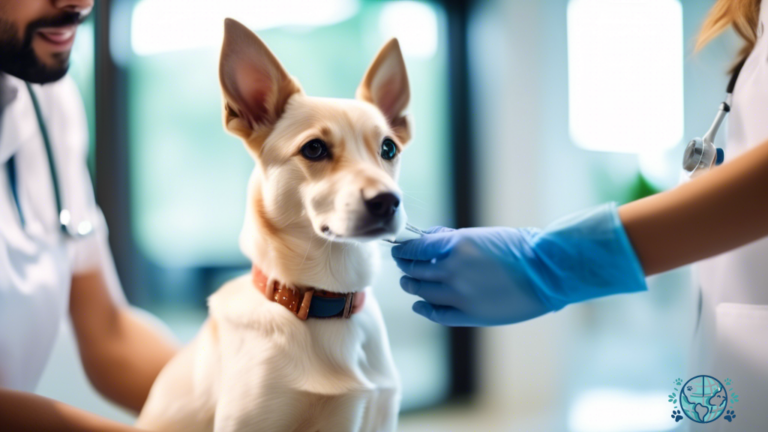 A close-up shot of a pet receiving a vaccination at a bright and modern veterinary clinic, highlighting the importance of pet travel vaccinations for their protection and well-being.