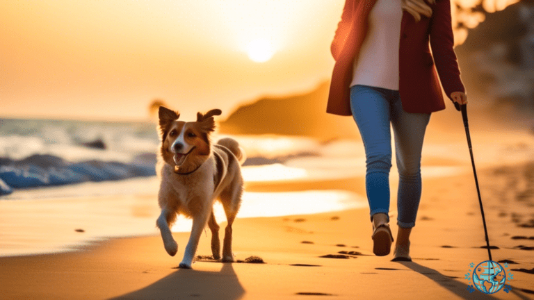 A pet owner walking their healthy, happy dog on a scenic beach under bright sunlight.