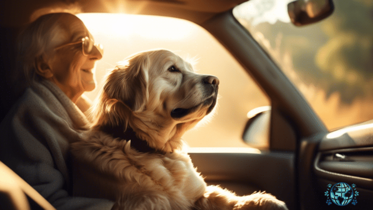 Alt text: A senior pet happily basking in the warm sunlight streaming through a car window during a scenic road trip, enjoying the joy and serenity of traveling together.
