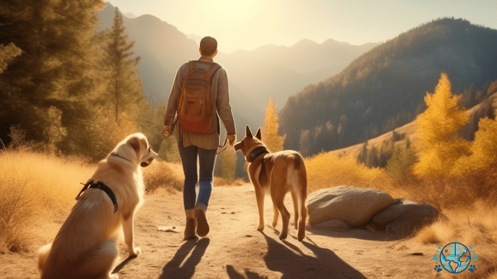 Family and their furry friend enjoying a pet-friendly hiking trip amidst a stunning mountain landscape.