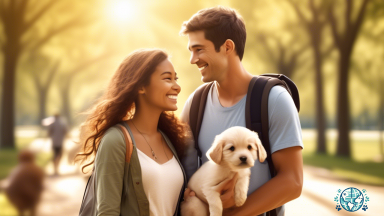 Puppy carriers: A happy couple strolling through a sunlit park with a secure and comfortable puppy carrier on the woman's shoulder.