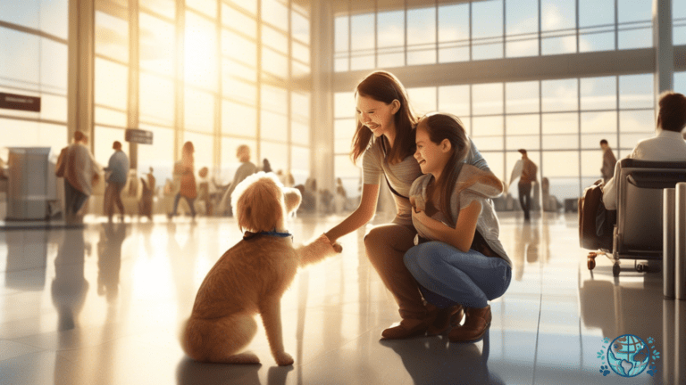 Alt Text: Happy family embracing their beloved pet at an airport terminal, basking in the warm sunlight as they reunite after adhering to quarantine rules for pet travel.