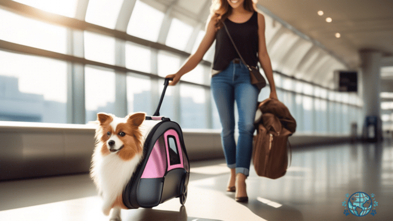 Conveniently rolling pet carrier for stress-free travel - A traveler effortlessly maneuvers a sleek and sturdy pet carrier through a bustling airport terminal, offering pet owners freedom and ease.