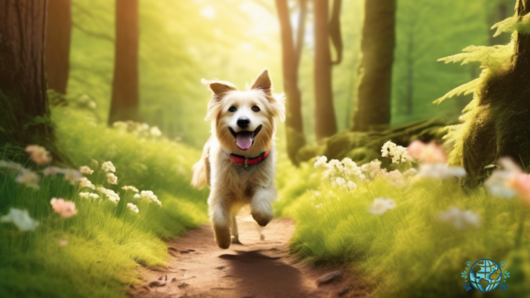 Alt text: Spring Pet-Friendly Hiking Tips: A cheerful dog leads the way on a sunlit hiking trail amidst a lush forest, highlighting the joy and serenity of pet-friendly adventures.