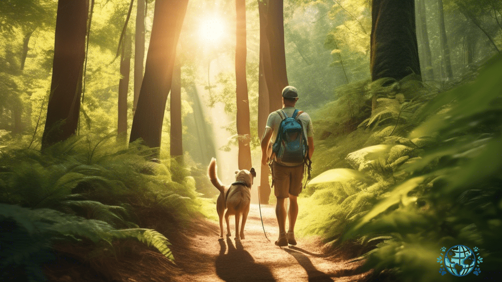 Alt text: A happy dog and its owner hiking through a lush forest trail under the bright summer sun, enjoying a summer adventure together.