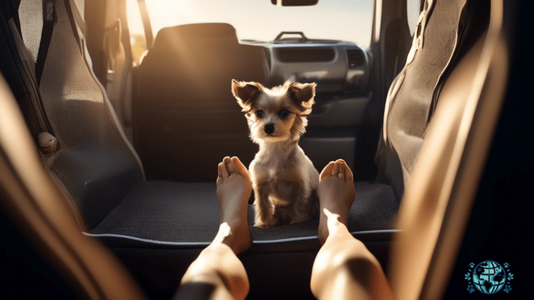 Alt text: A scenic shot of a traveler's legs stretched out against a sunlit car window, with a small dog peeking through a ventilated mesh dog carrier. The bright natural light highlights the silhouette of the dog against blurred scenic landscapes in the background.