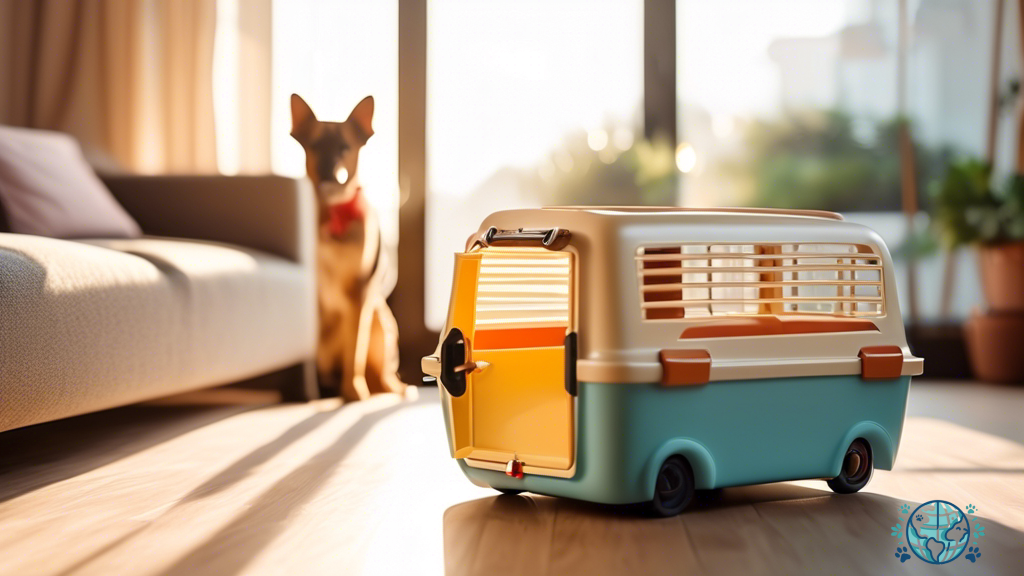 Pet carrier packed with essentials like food, water, toys, and blanket in a sunlit room with a visible pet bed and leash nearby for travel preparation and planning