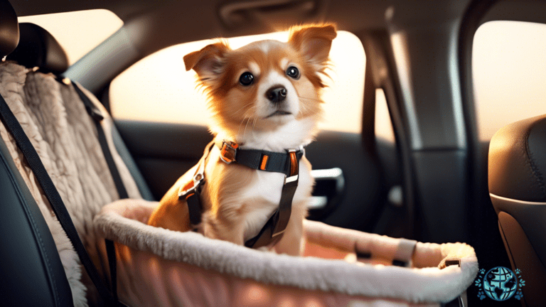 Safe and comfortable travel with pets: A sunlit car interior showcasing a cozy pet carrier secured with a seatbelt, highlighting the importance of pet-friendly accessories and safety harnesses.