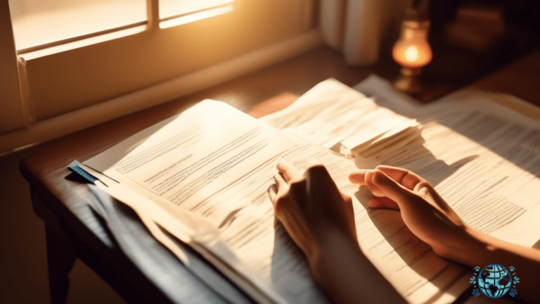 Alt Text: A traveler's hand flips through a well-organized folder of pet documents, illuminated by the warm sunlight streaming through a nearby window.