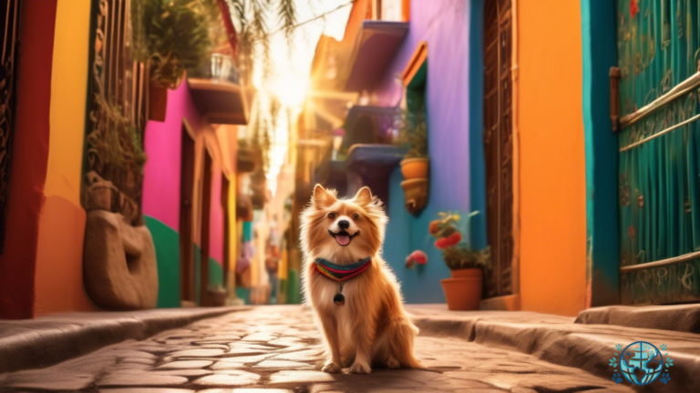 Alt text: A happy pet owner and their furry friend on a leash, joyfully exploring the vibrant streets of Mexico. The bright natural sunlight illuminates the scene, showcasing the ease and happiness of traveling with pets in Mexico.