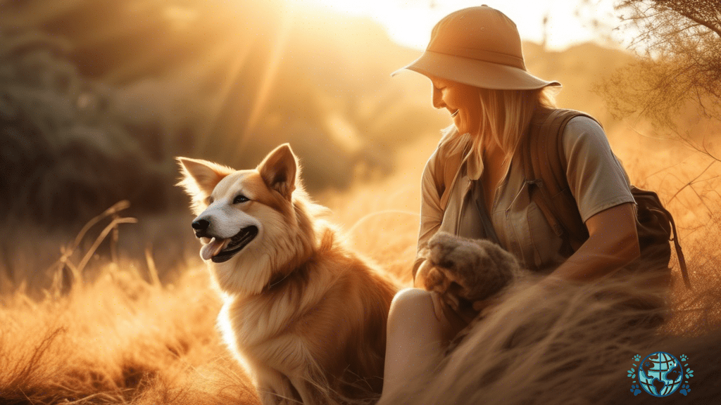Alt text: A pet owner and their furry companion joyfully explore South Africa's lush wildlife reserve, basking in the warm glow of vibrant sunlight streaming through dense foliage.